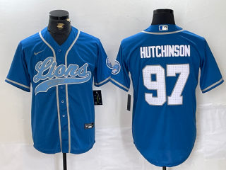 Men's Detroit Lions #97 Aidan Hutchinson Blue With Patch Cool Base Stitched Baseball Jersey