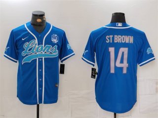 Men's Detroit Lions #14 Amon-Ra St. Brown Blue With 90th Anniversary Patch Cool Base Stitched Baseball Jersey