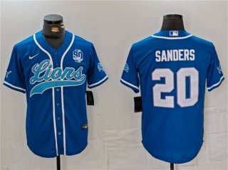 Men's Detroit Lions #20 Barry Sanders Blue With 90th Anniversary Patch Cool Base Stitched Baseball Jersey