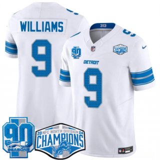 Men's Detroit Lions #9 Jameson Williams White 2024 NFC North Champions 90th Anniversary Patch F.U.S.E. Vapor Limited Stitched Jersey