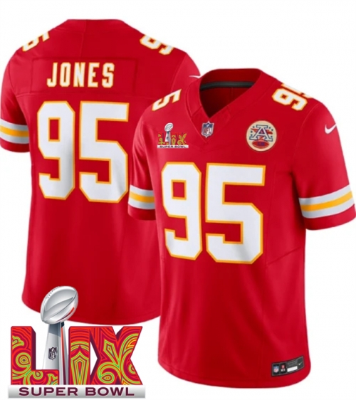 Men's Kansas City Chiefs #95 Chris Jones Red 2025 Super Bowl LIX Patch F.U.S.E. Vapor Limited Stitched Football Jersey