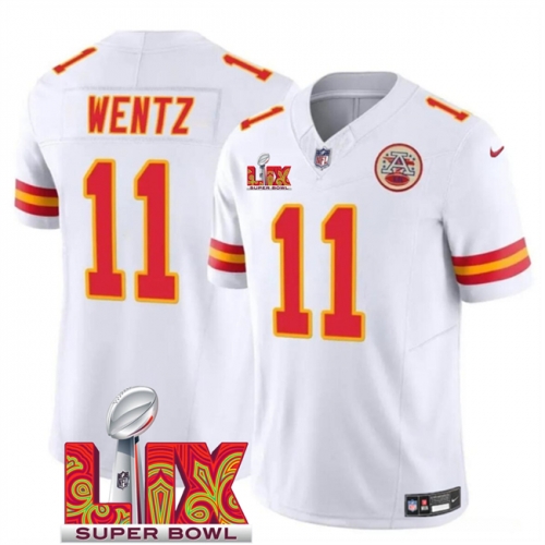 Men's Kansas City Chiefs #11 Carson Wentz White 2025 Super Bowl LIX Patch F.U.S.E. Vapor Limited Stitched Football Jersey