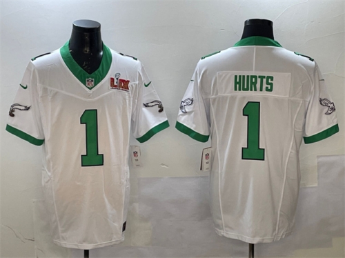 Men's Philadelphia Eagles #1 Jalen Hurts White 2025 Super Bowl LIX Patch F.U.S.E. Vapor Untouchable Limited Stitched Football Jersey