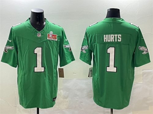 Men's Philadelphia Eagles #1 Jalen Hurts Green 2025 Super Bowl LIX Patch F.U.S.E. Throwback Vapor Untouchable Limited Stitched Football Jersey