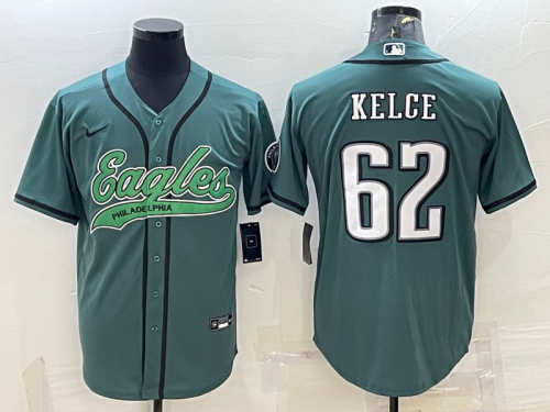 Men's Philadelphia Eagles #62 Jason Kelce Green With Patch Cool Base Stitched Baseball Jersey