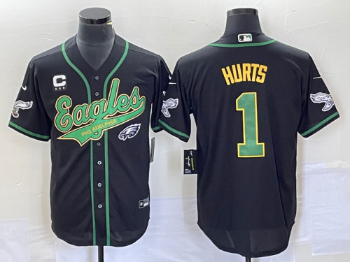 Men's Philadelphia Eagles #1 Jalen Hurts Black With C Patch Cool Base Stitched Baseball Jersey