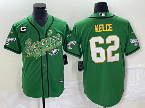 Men's Philadelphia Eagles #62 Jason Kelce Green Gold C Patch Cool Base Stitched Baseball Jersey