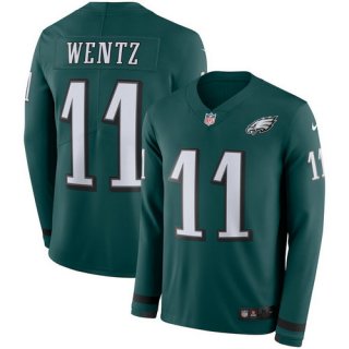 Men Nike Philadelphia Eagles 11 Carson Wentz green Therma Long Sleeve Jersey