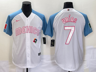 Men's Mexico Baseball #7 Julio Urias 2023 White Blue World Classic Stitched Jersey