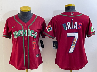 Women's Mexico Baseball #7 Julio Urias Number 2023 Red World Baseball Classic Stitched Jersey4