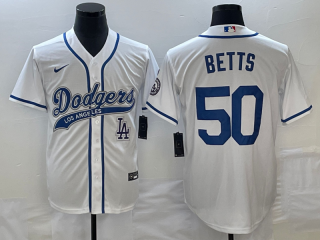 Men's Los Angeles Dodgers #50 Mookie Betts White With Patch Cool Base Stitched Baseball Jersey1