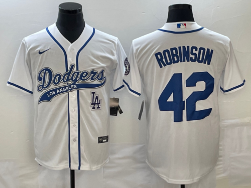 Men's Los Angeles Dodgers #42 Jackie Robinson White With Patch Cool Base Stitched Baseball Jersey1