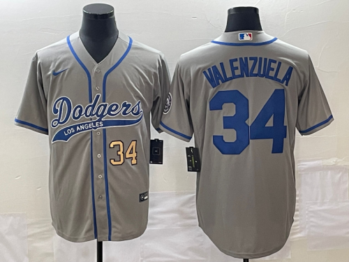 Men's Los Angeles Dodgers #34 Fernando Valenzuela Number Grey With Patch Cool Base Stitched Baseball Jersey