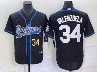 Men's Los Angeles Dodgers #34 Fernando Valenzuela Number Black With Patch Cool Base Stitched Baseball Jersey