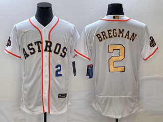 Men's Houston Astros #2 Alex Bregman Number 2023 White Gold World Serise Champions Patch Flex Base Stitched Jersey