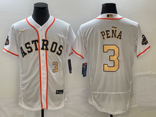 Men's Houston Astros #3 Jeremy Pena Number 2023 White Gold World Serise Champions Patch Flex Base Stitched Jersey1