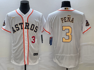 Men's Houston Astros #3 Jeremy Pena Number 2023 White Gold World Serise Champions Patch Flex Base Stitched Jersey2