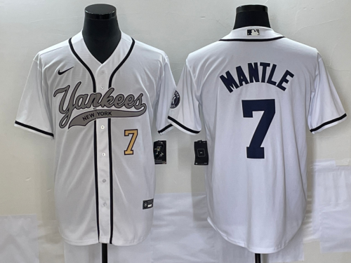 Men's New York Yankees #7 Mickey Mantle Number White With Patch Cool Base Stitched Baseball Jersey