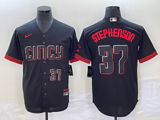 Men's Cincinnati Reds #37 Tyler Stephenson Number Black 2023 City Connect Cool Base Stitched Jersey2