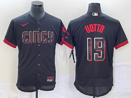 Men's Cincinnati Reds #19 Joey Votto Black 2023 City Connect Flex Base Stitched Jersey 1