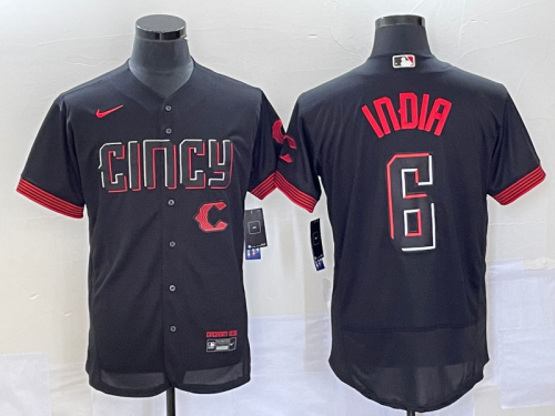 Men's Cincinnati Reds #6 Jonathan India Black 2023 City Connect Flex Base Stitched Jersey 1