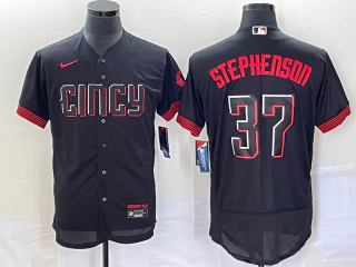 Men's Cincinnati Reds #37 Tyler Stephenson Black 2023 City Connect Flex Base Stitched Jersey 1