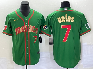 Men's Mexico Baseball #7 Julio Urias Number 2023 Green Red Gold World Baseball Classic Stitched Jersey 2