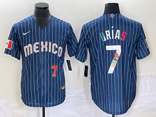 Men's Mexico Baseball #7 Julio Urias 2023 Navy Blue Pinstripe World Baseball Classic Stitched Jersey