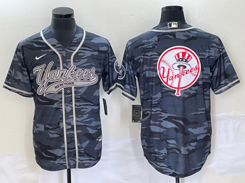 Men's New York Yankees Gray Camo Team Big Logo With Patch Cool Base Stitched Baseball Jersey1