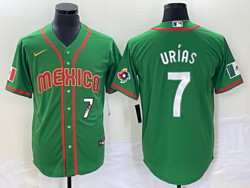 Men's Mexico Baseball #7 Julio Urias Number 2023 Green World Classic Stitched Jersey