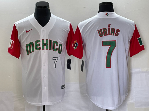 Men's Mexico Baseball #7 Julio Urias Number 2023 White Red World Classic Stitched Jersey54