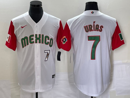 Men's Mexico Baseball #7 Julio Urias Number 2023 White Red World Classic Stitched Jersey 48