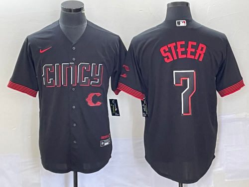 Men's Cincinnati Reds #7 Spencer Steer Black 2023 City Connect Cool Base Stitched Baseball Jersey