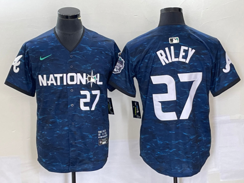 Men's Atlanta Braves #27 Austin Riley Number Royal 2023 All Star Cool Base Stitched Baseball Jersey