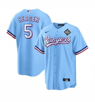 Men's Texas Rangers #5 Corey Seager Blue 2023 World Series Stitched Baseball Jersey