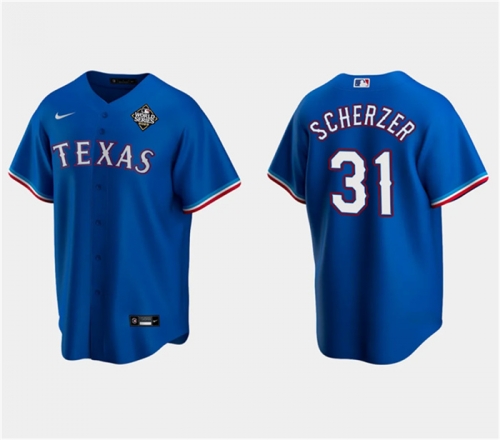 Men's Texas Rangers #31 Max Scherzer Royal 2023 World Series Stitched Baseball Jersey