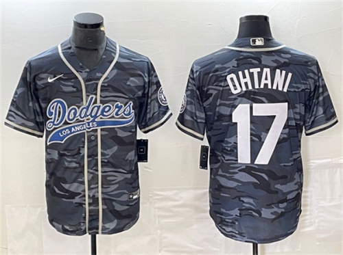 Men's Los Angeles Dodgers #17 Shohei Ohtani Gray Camo Cool Base With Patch Stitched Jersey