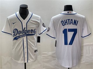 Men's Los Angeles Dodgers #17 Shohei Ohtani White Cool Base With Patch Stitched Baseball Jersey