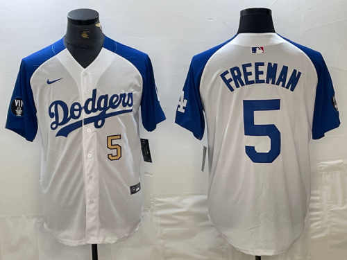 Mens Los Angeles Dodgers #5 Freddie Freeman Number White Blue Fashion Stitched Cool Base Limited Jersey