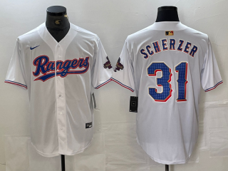 Men's Texas Rangers #31 Max Scherzer White 2023 World Series Champions Cool Base Jersey