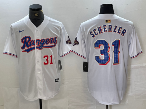 Men's Texas Rangers #31 Max Scherzer Number White 2023 World Series Champions Cool Base Jersey