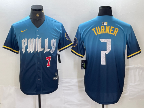 Men's Philadelphia Phillies #7 Trea Turner Number Blue 2024 City Connect Limited Stitched Jerseys