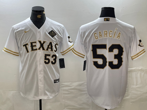 Men's Texas Rangers #53 Adolis Garcia Number White Gold Cool Base Stitched Baseball Jersey