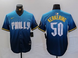 Men's Philadelphia Phillies #50 Orion Kerkering Blue 2024 City Connect Limited Stitched Jersey