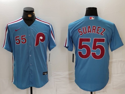 Men's Philadelphia Phillies #55 Ranger Suarez Number Light Blue Cooperstown Cool Base Jersey