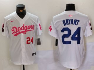 Men's Los Angeles Dodgers #24 Kobe Bryant White Pink Vin & Kobe Patch Stitched Baseball Jerseys