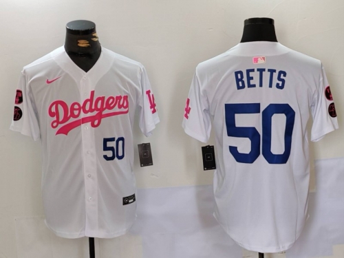 Men's Los Angeles Dodgers #50 Mookie Betts White Pink Vin & Kobe Patch Stitched Baseball Jerseys