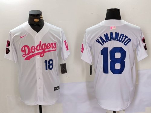 Men's Los Angeles Dodgers #18 Yoshinobu Yamamoto White Pink Vin & Kobe Patch Stitched Baseball Jerseys