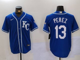 Men's Kansas City Royals #13 Salvador Perez Blue KC Cool Base Stitched Jersey