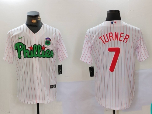 Men's Philadelphia Phillies #7 Trea Turner White Green Cool Base Stitched Jersey